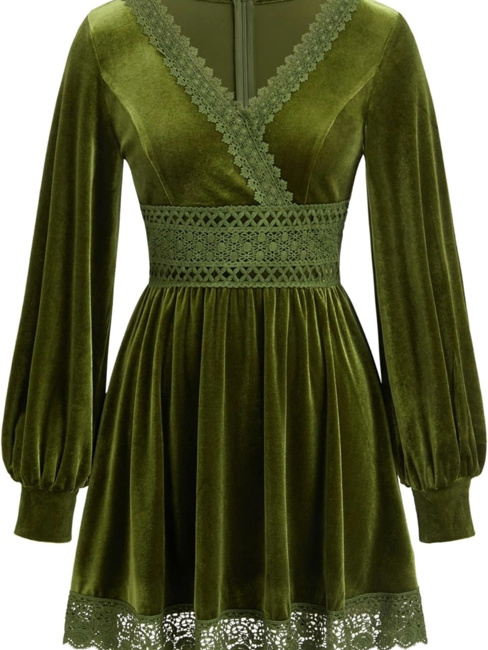 Cider Olive Green Velvet Lace-Trim Long Sleeve Dress